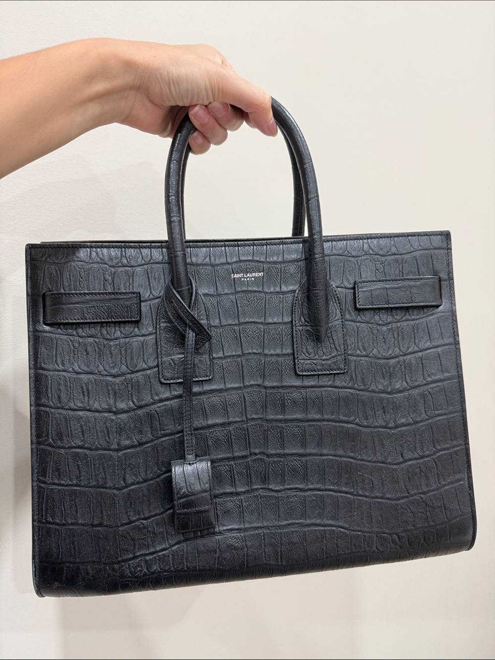 Saint Laurent Black Croc-Embossed Leather Briefcase Tote